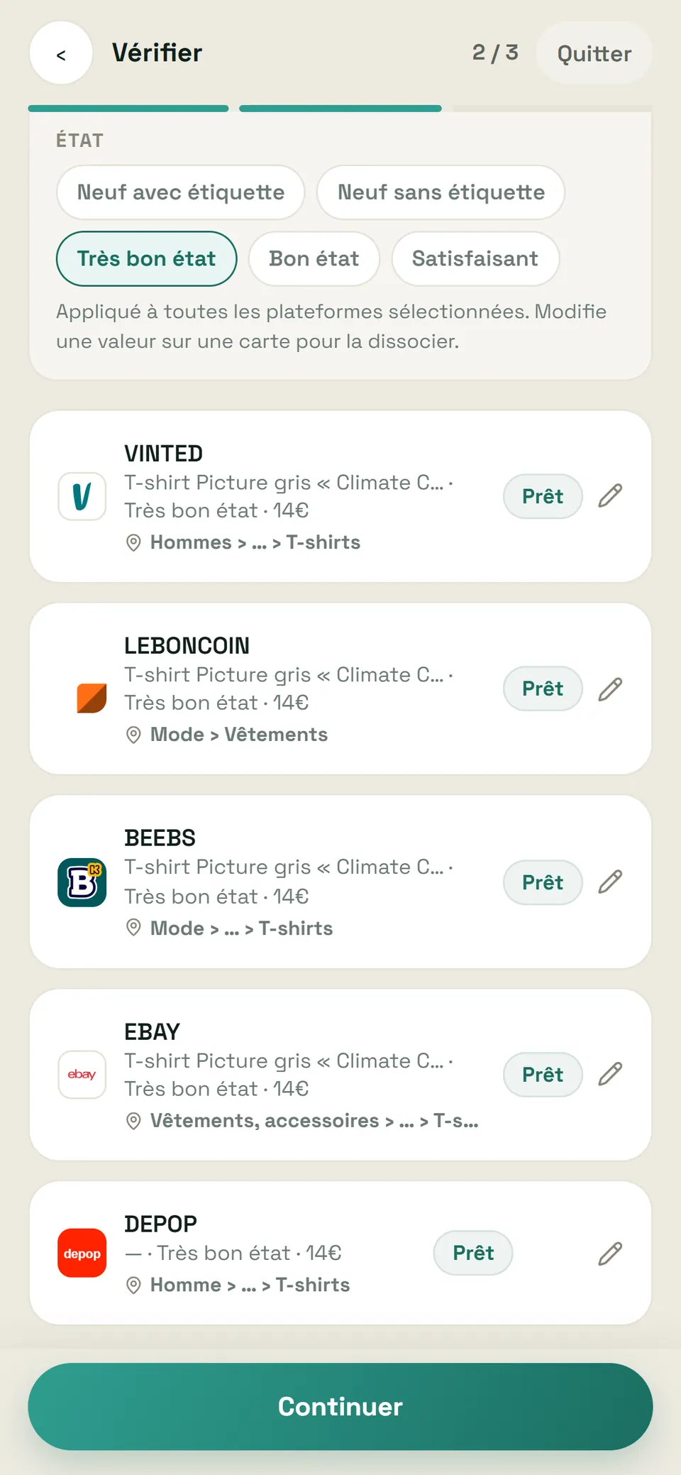 Étape 2 sur 3 de la publication, « Ce qui va partir » : une carte par plateforme, chacune avec son rayon, son état, son prix de 14 € et la mention « Prêt » — Vinted (Hommes › … › T-shirts), Leboncoin (Mode › Vêtements), Beebs (Mode › … › T-shirts), eBay (Vêtements, accessoires › … › T-shirts) et Depop (Homme › … › T-shirts, sans titre : chez Depop, la description fait l'annonce).