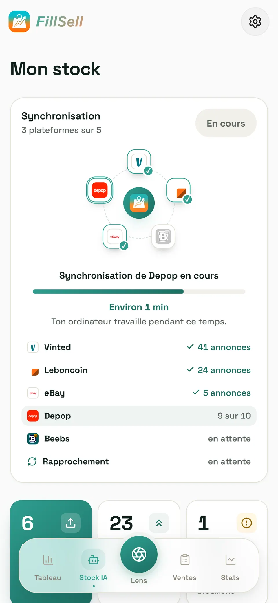Synchronisation en cours dans le Stock de FillSell : « 3 plateformes sur 5 », l'icône de chaque plateforme autour de FillSell, la barre d'avancement « Synchronisation de Depop en cours — environ 1 min — Ton ordinateur travaille pendant ce temps », puis la liste : Vinted 41 annonces, Leboncoin 24 annonces, eBay 5 annonces (faites), Depop 9 sur 10 (en cours), Beebs en attente, Rapprochement en attente.